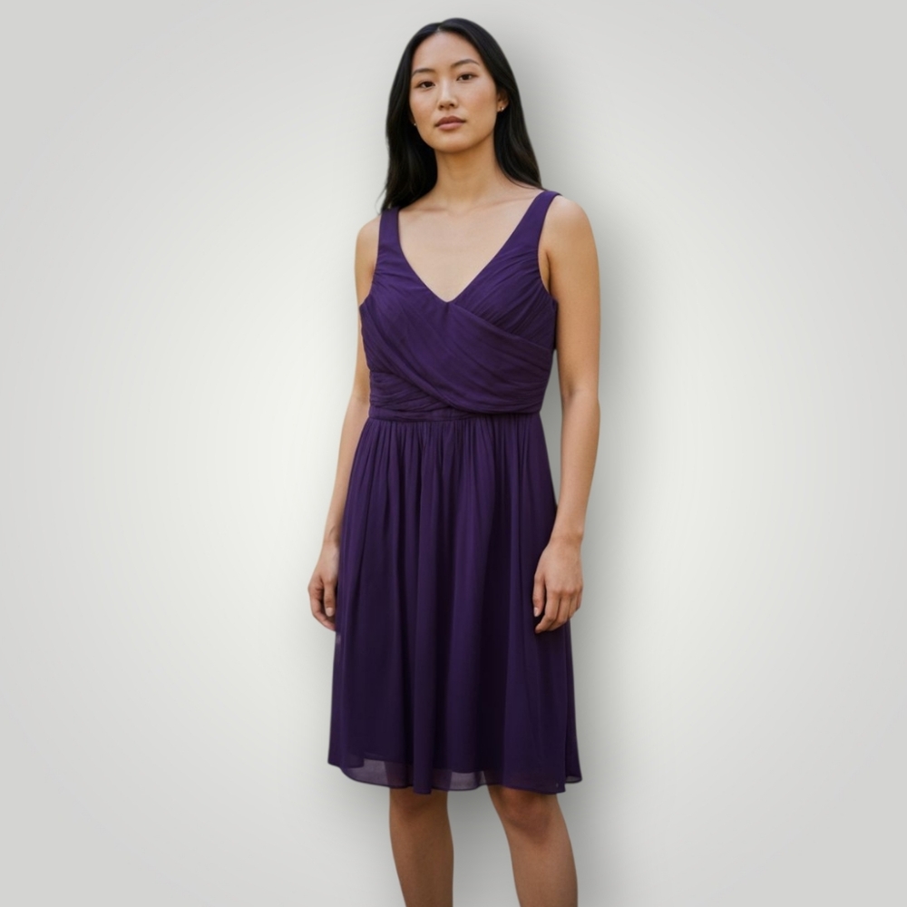 J.Crew Womens 100% Silk Dress 6 Purple V-Neck Ruched Midi Cocktail‎ Bridesm